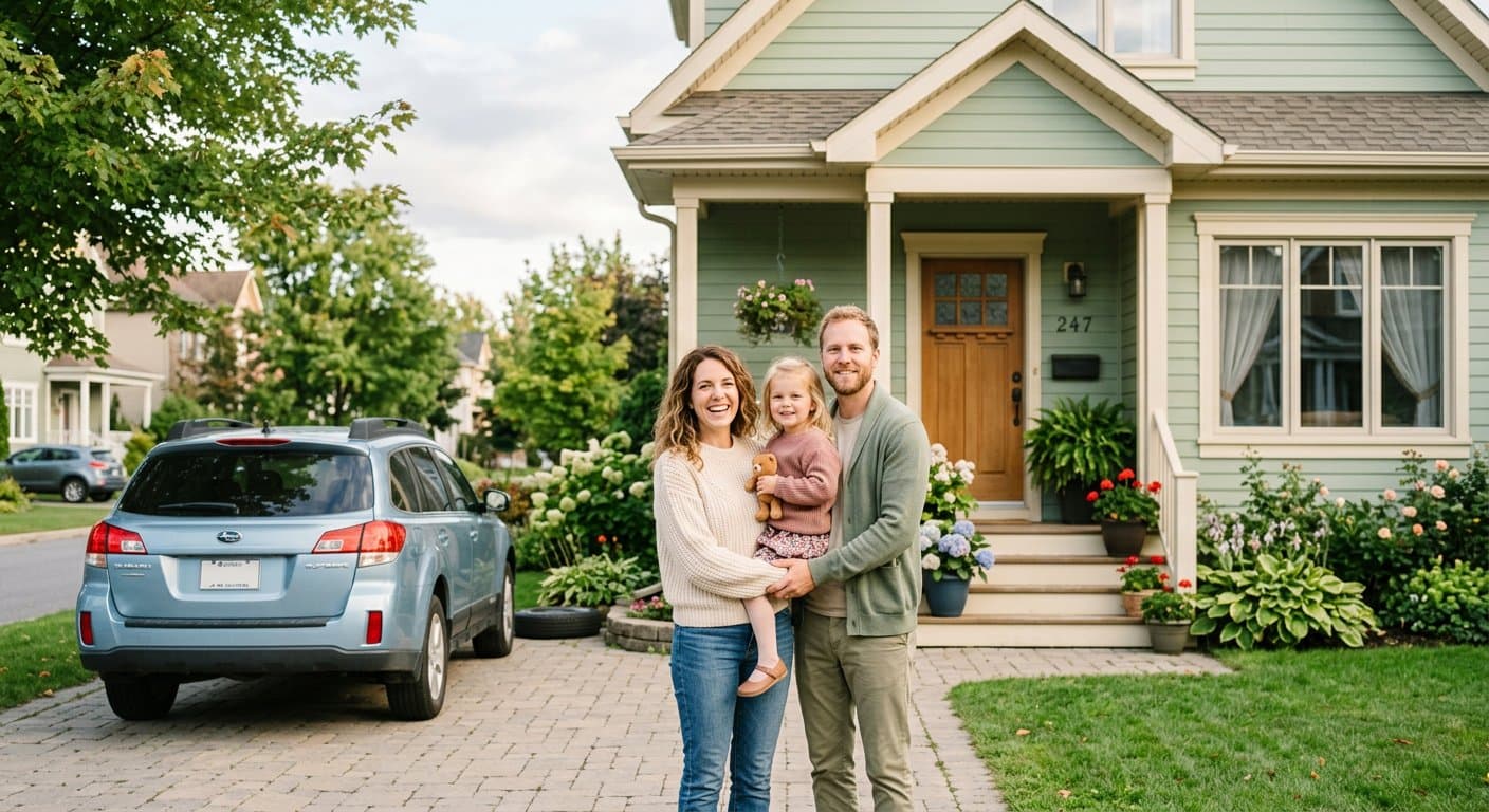 Famille québécoise devant sa maison et sa voiture — assurance habitation et auto