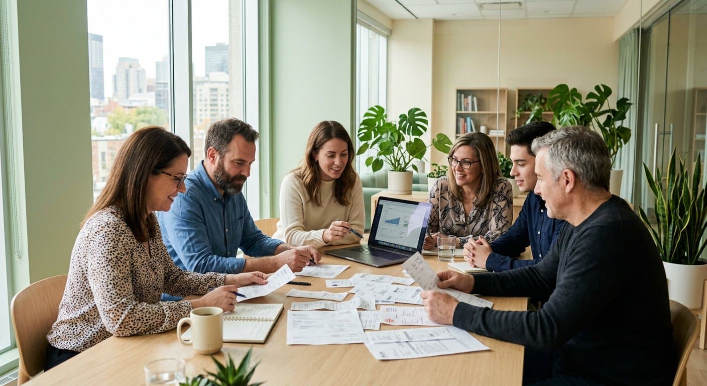 Une petite équipe passe en revue les factures de l'entreprise
